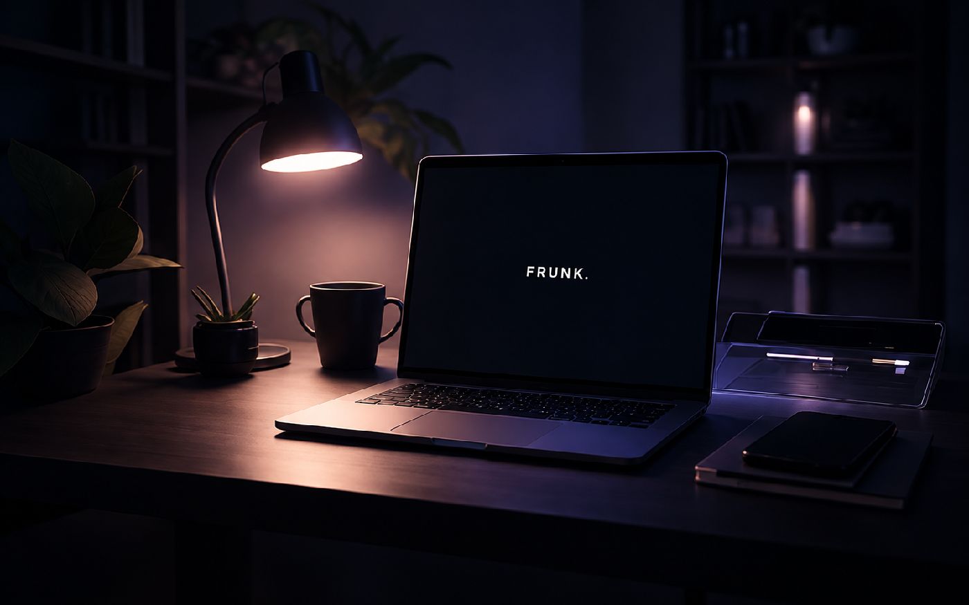A laptop showing the Frunk wordmark on a desk at night, under a lamp, beside a mug and a plant