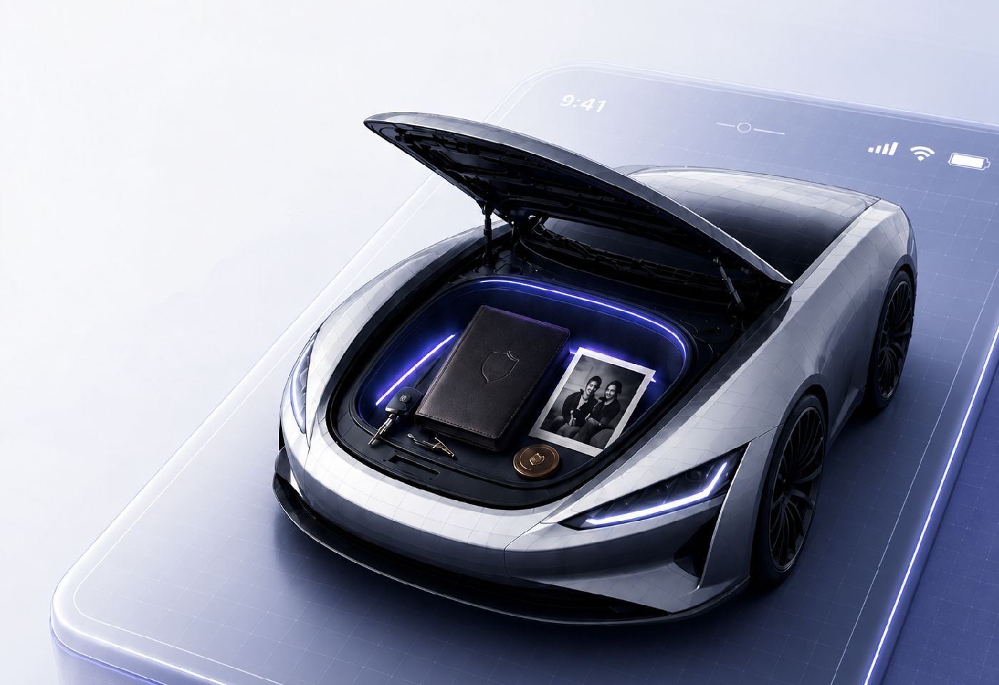 A silver car with its front trunk open — a wallet, a key, a coin and a photograph inside, lit in violet