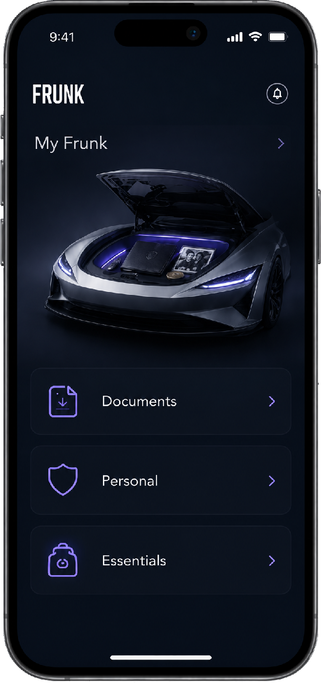 An iPhone showing the Frunk app: the car with its front trunk open above a list of Documents, Personal and Essentials