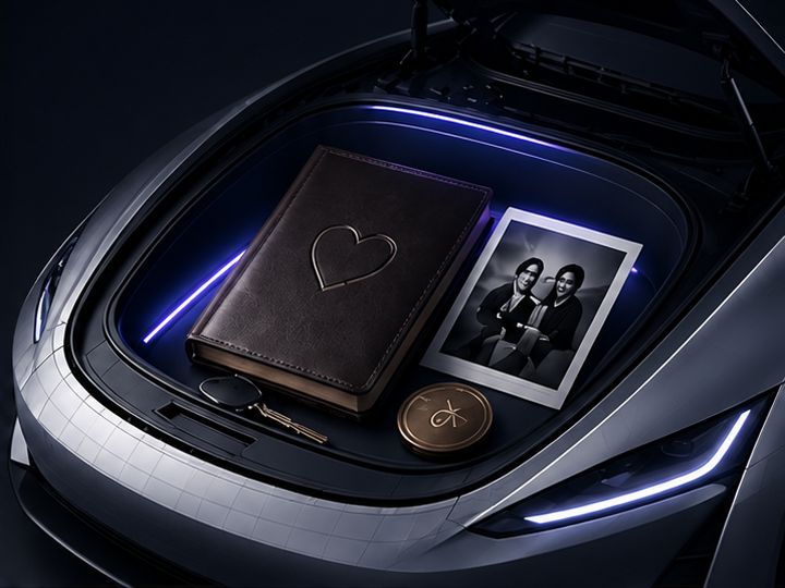The open front trunk holding a leather journal embossed with a heart, a black-and-white photograph of two people, a coin and a key
