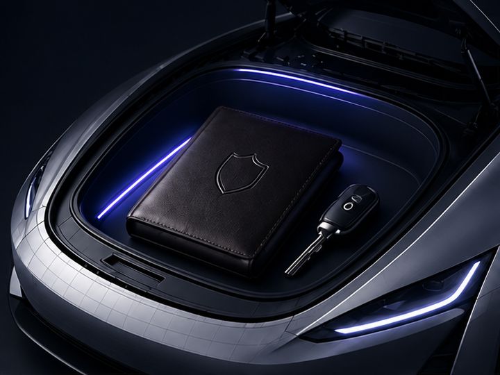 The open front trunk holding a leather wallet embossed with a shield and a car key fob